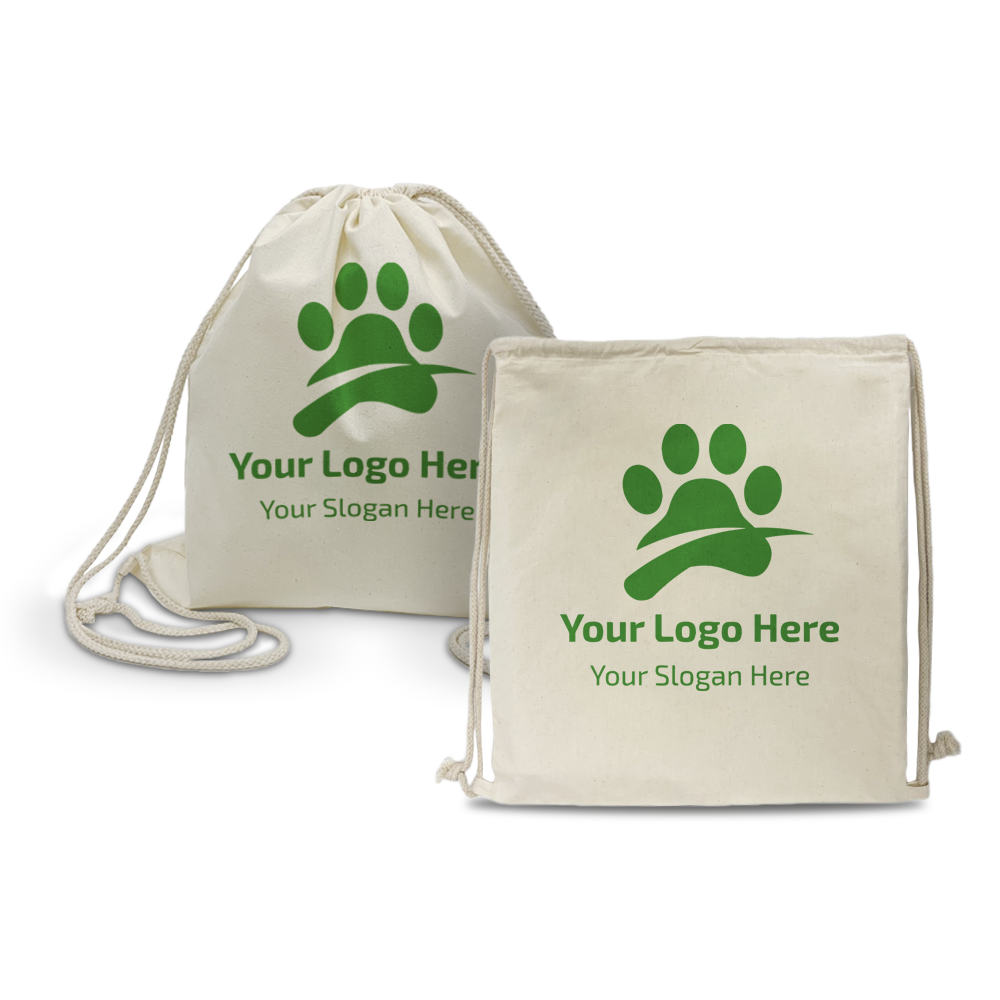 Two beige canvas drawstring backpacks with custom green paw print logos, shown in flat and filled form.