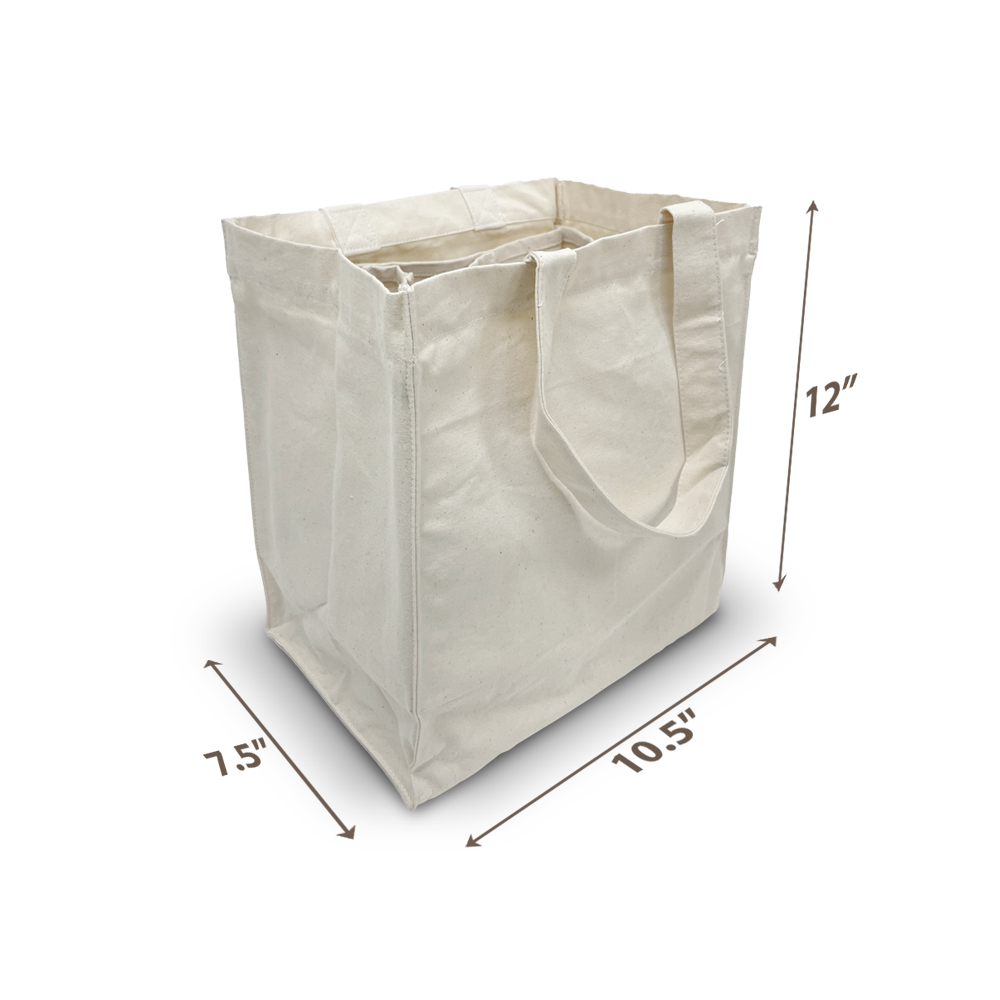 Canvas tote bag, 10.5"W x 7.5"D x 12"H, with long handles.