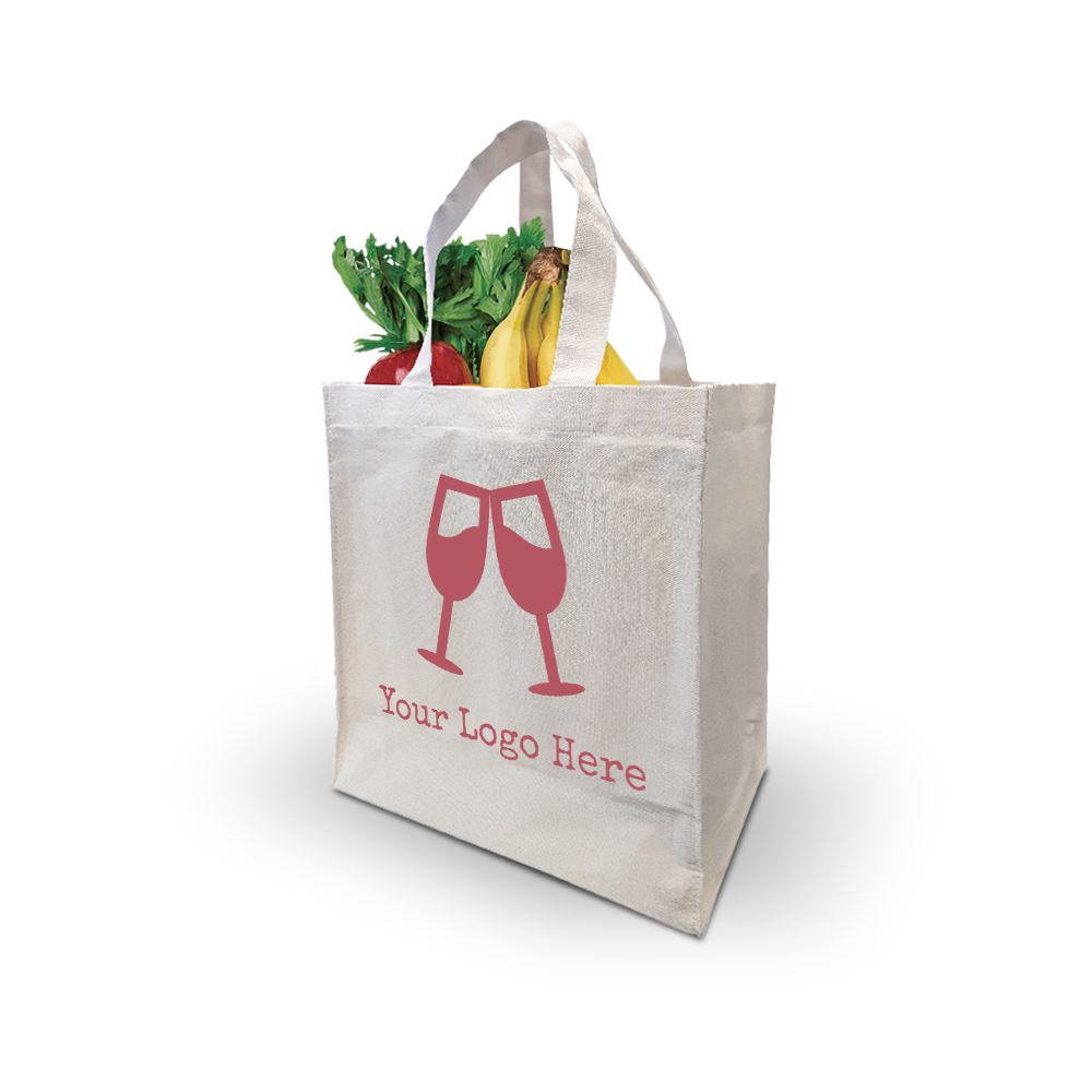 Natural canvas grocery tote with custom wine glass logo, shown carrying fresh produce.