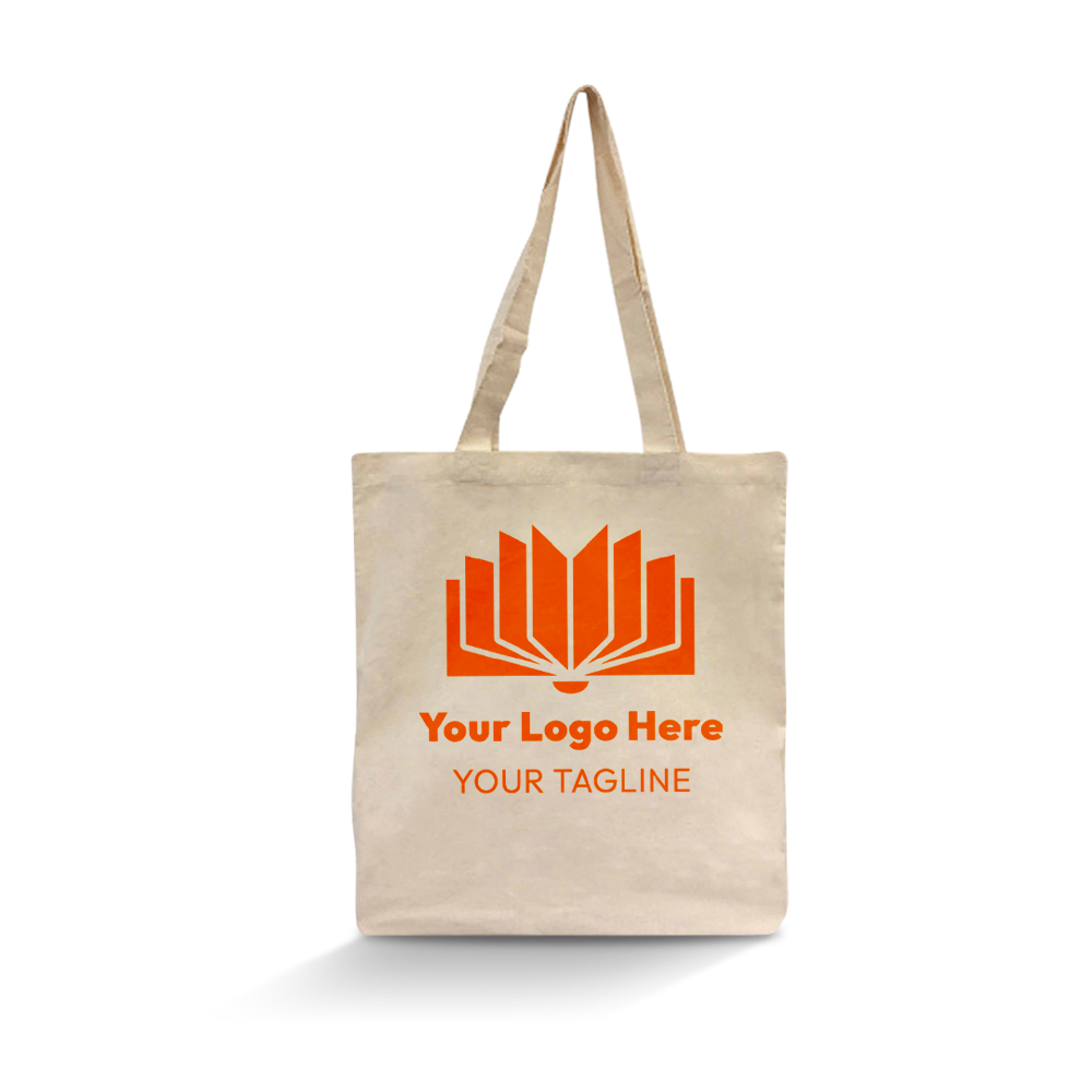 Natural cotton tote bag with long handles and an orange open-book logo design, ideal for book lovers or educational branding.