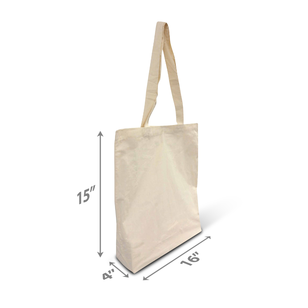 Beige cotton tote bag with long shoulder straps, measuring 16” wide, 15” high, and 4” deep — perfect for everyday use.