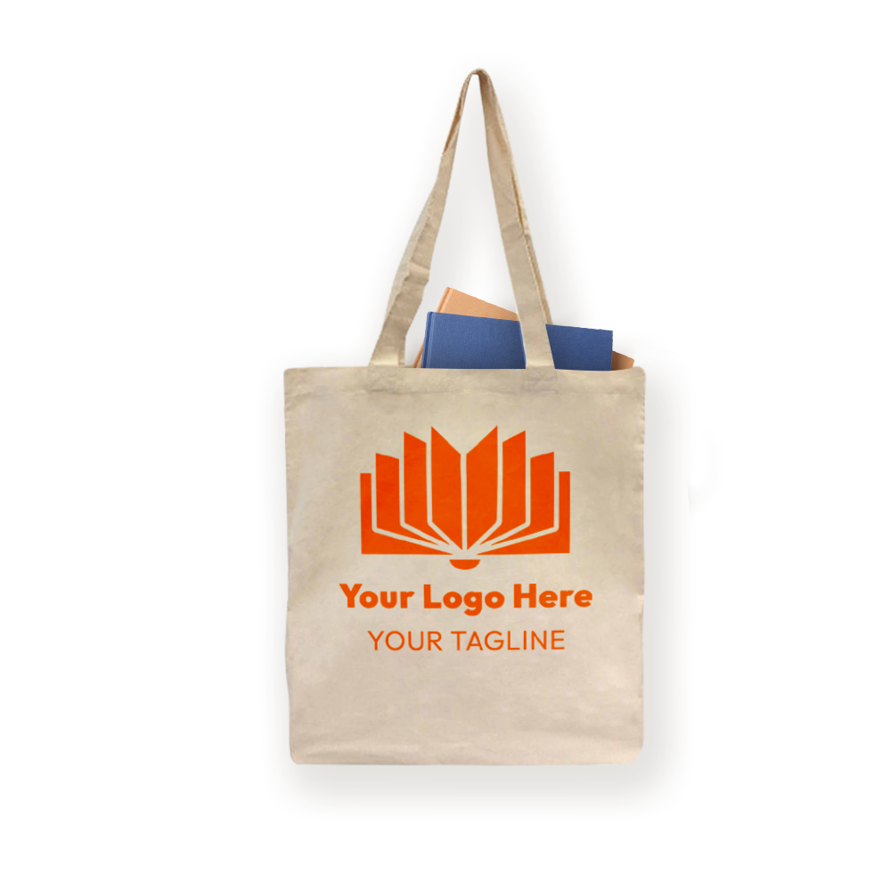 Beige cotton tote bag with long handles, printed with an open book logo and "Your Logo Here" text, shown filled with books.
