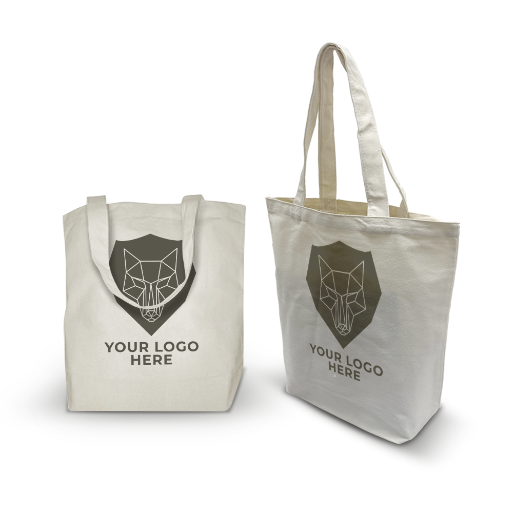 Two natural canvas tote bags with long handles and geometric wolf logo, shown front and side view.