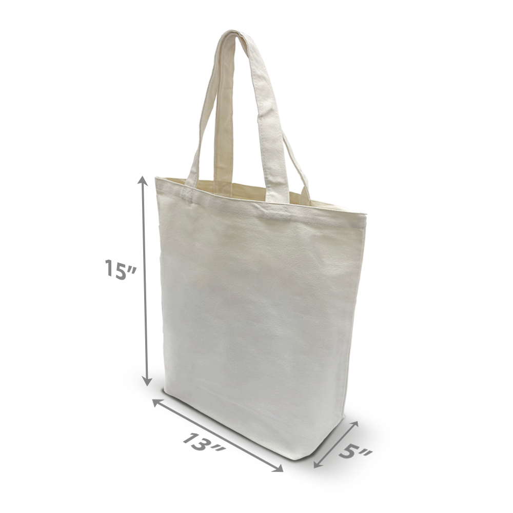 Side view of plain natural canvas tote bag with long handles, 13”W x 5”D x 15”H.