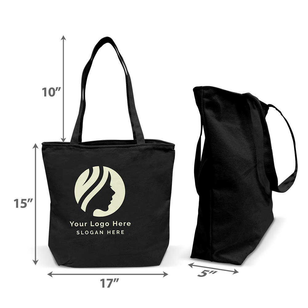 Black tote bag with long handles, measuring 17" wide, 15" tall, 5.5" deep, and 10" handle drop.