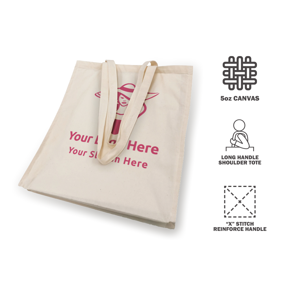 Flat-lay view of beige 5oz canvas tote bag with gusset, long handles, and red logo design.
