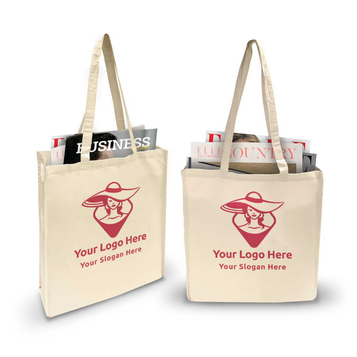 Beige 5oz canvas tote bags with gussets, custom red logo, filled with magazines, 15”W x 4”D x 16”H.