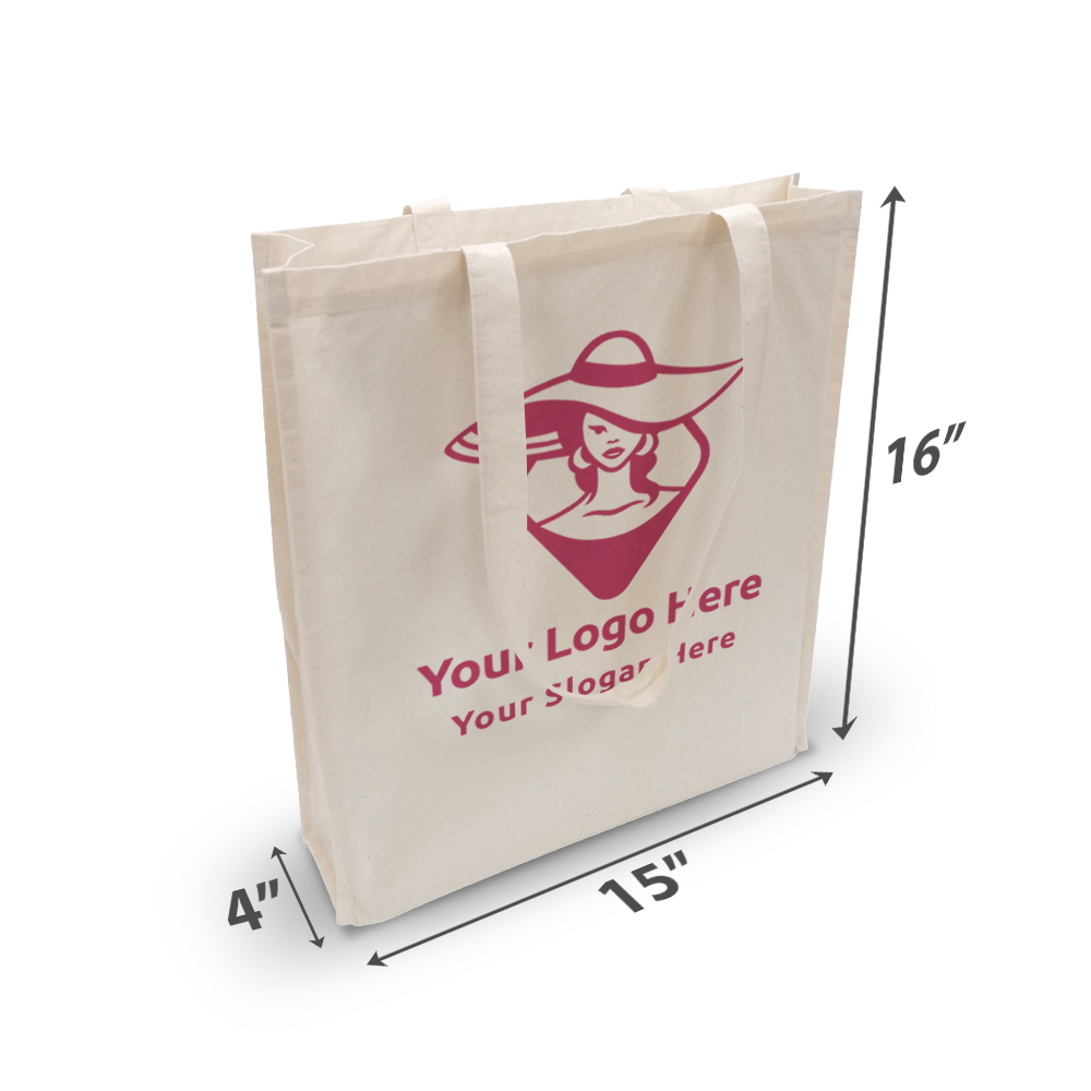 Beige 5oz canvas tote bag with red logo, gusseted design, 15”W x 4”D x 16”H.
