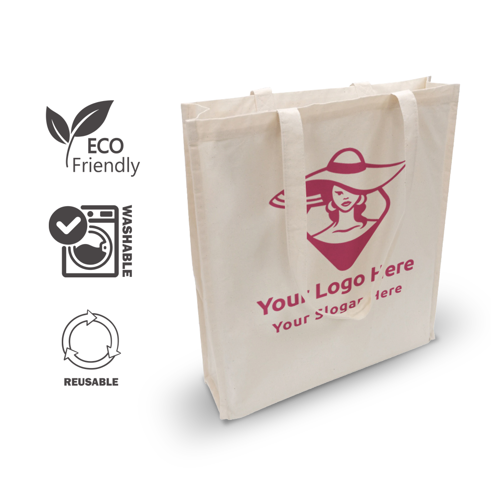 Beige canvas tote bag with gusset and custom red logo, labeled eco-friendly, washable, and reusable.