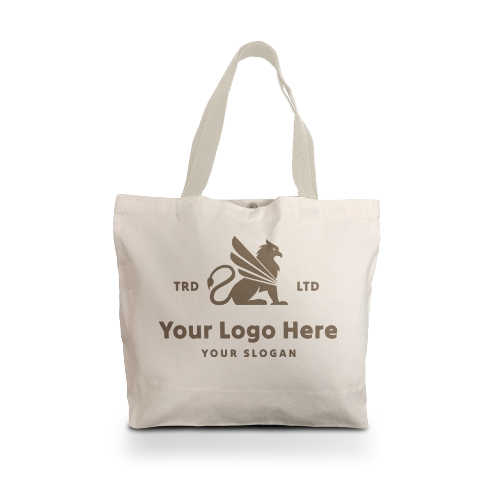 Beige canvas tote bag with magnetic button closure, webbing handles, and custom printed logo