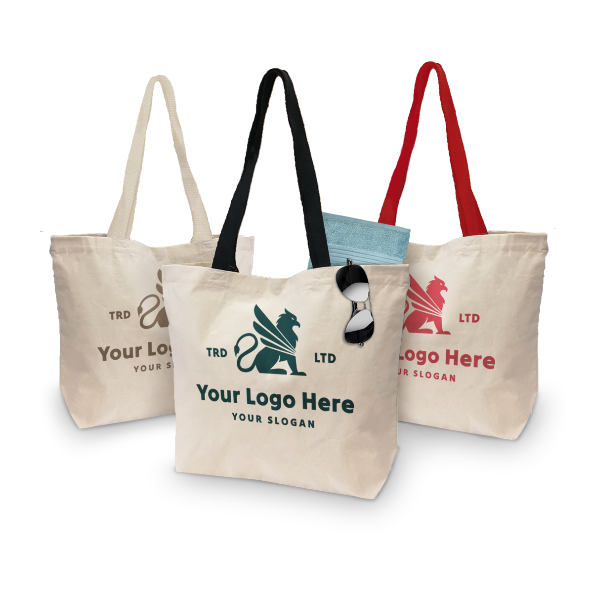 Canvas tote bags with magnetic button closure and webbing handles, shown in three colors with custom logos.