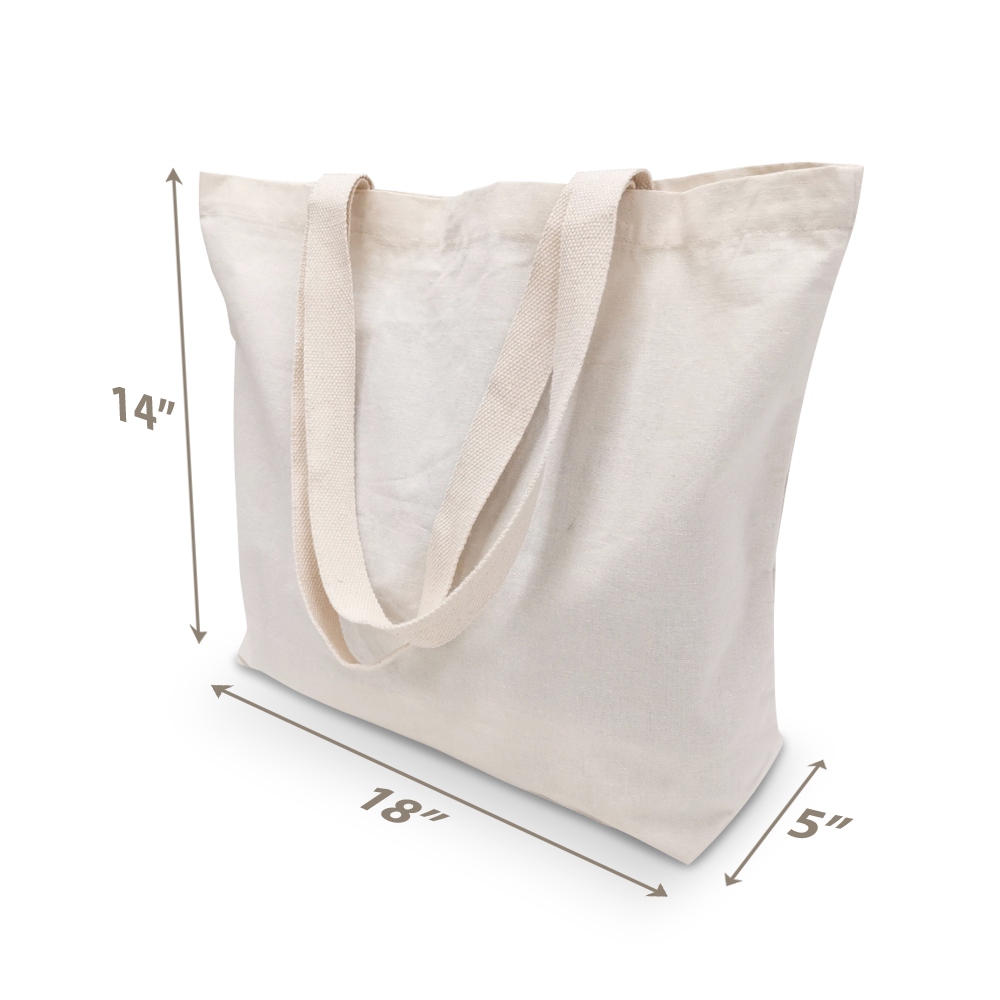 Beige canvas tote bag with long handles, 18”W x 5”D x 14”H.