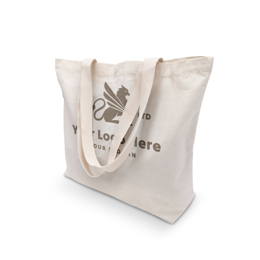 Angled view of beige canvas tote bag with webbing handles and custom printed logo.