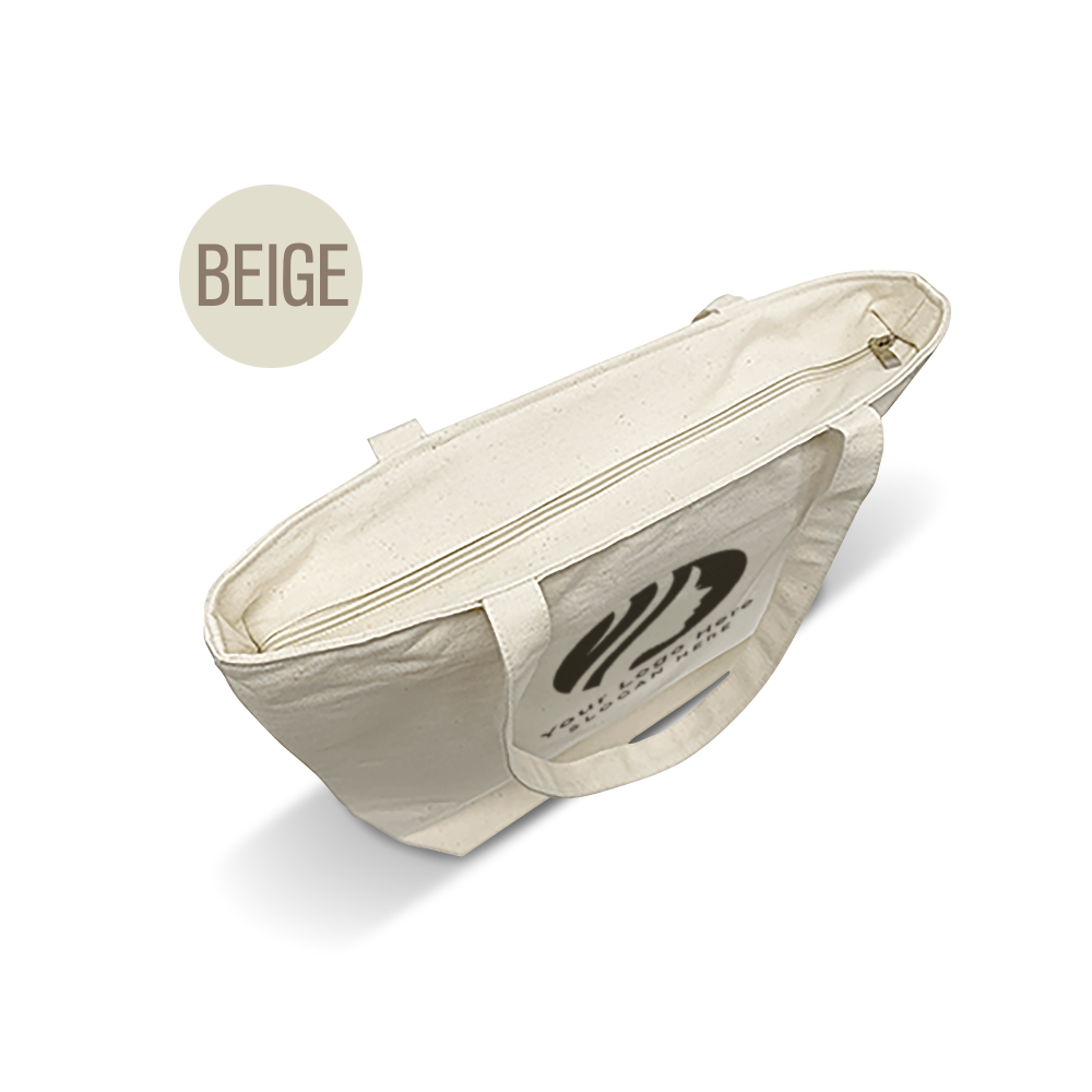 Beige canvas tote bag with secure zipper closure and reinforced handles, offering both style and practicality for everyday use.