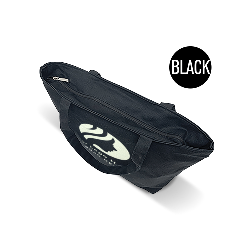 Top view of a black zippered tote bag with dual handles and a custom logo print.
