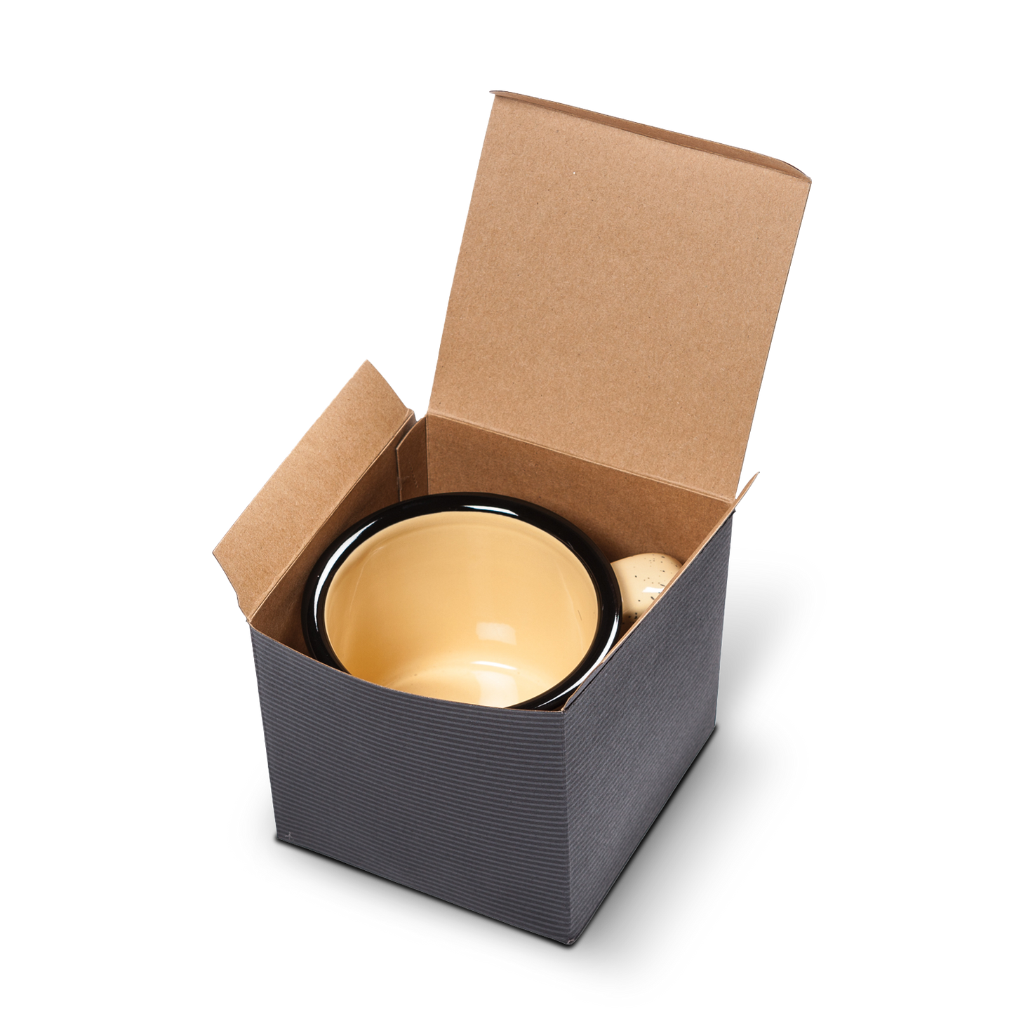 Beige ceramic campfire mug with a black rim, neatly packed in a kraft paper gift box with flaps open.
