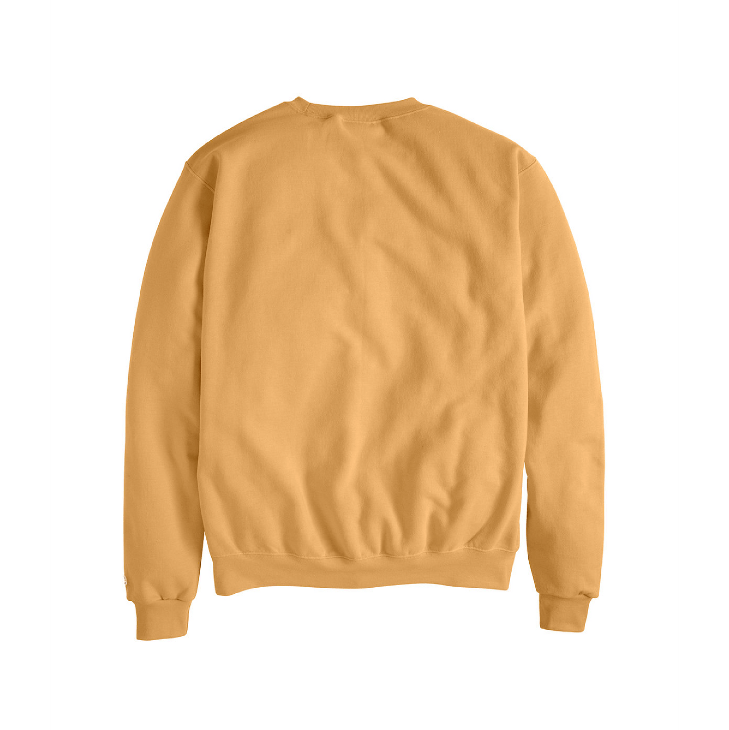 Back view of a plain golden yellow crewneck sweatshirt with ribbed cuffs and waistband.