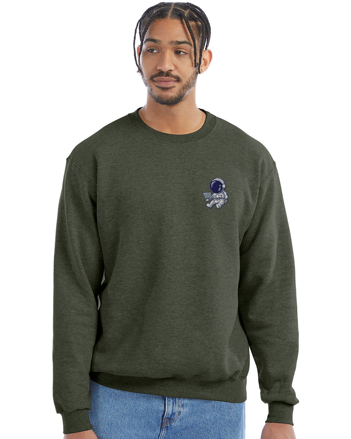 Model wearing dark green heather Champion crewneck sweatshirt with custom chest logo.