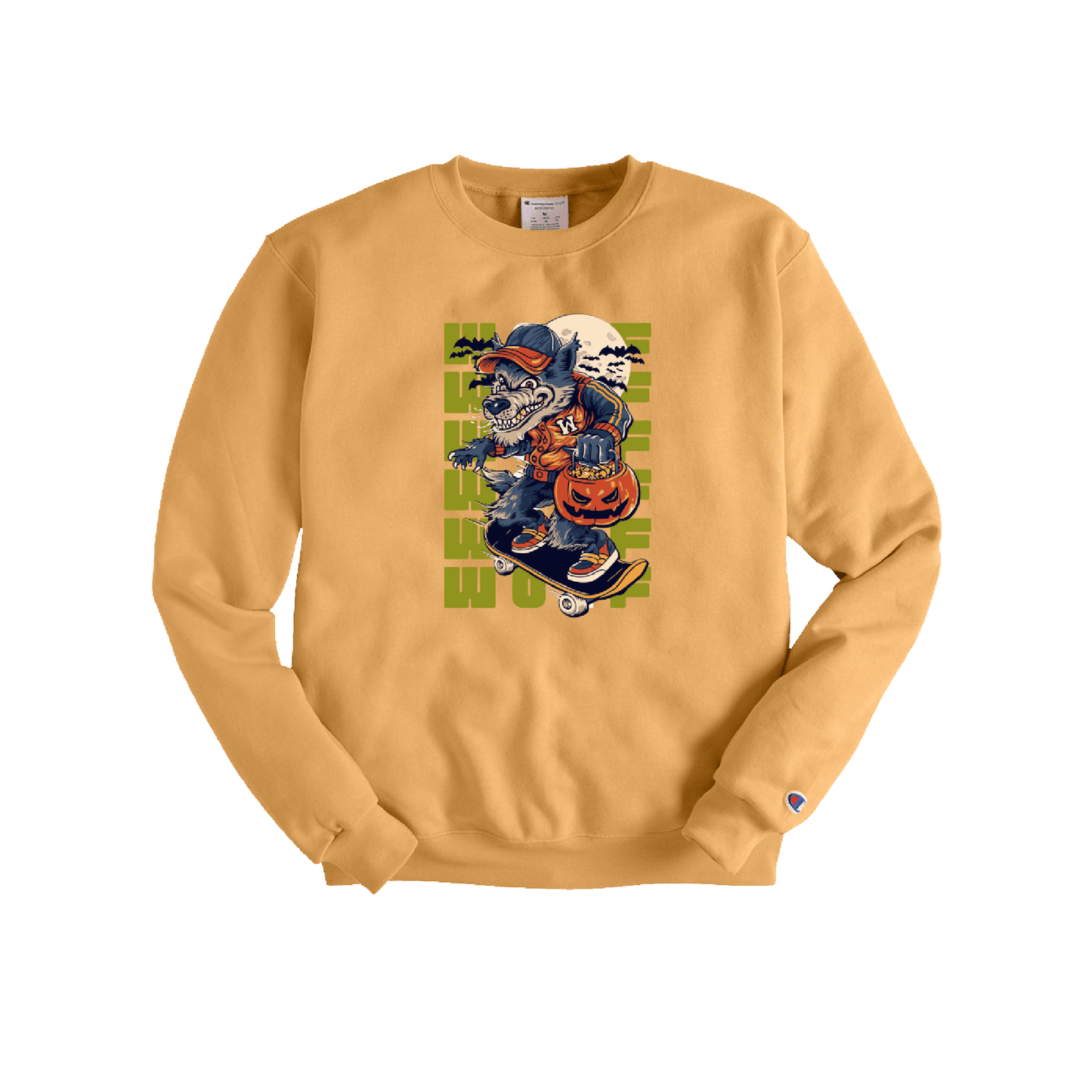 Golden yellow sweatshirt with a Halloween graphic of a cartoon werewolf on a skateboard, holding a pumpkin basket under a full moon.