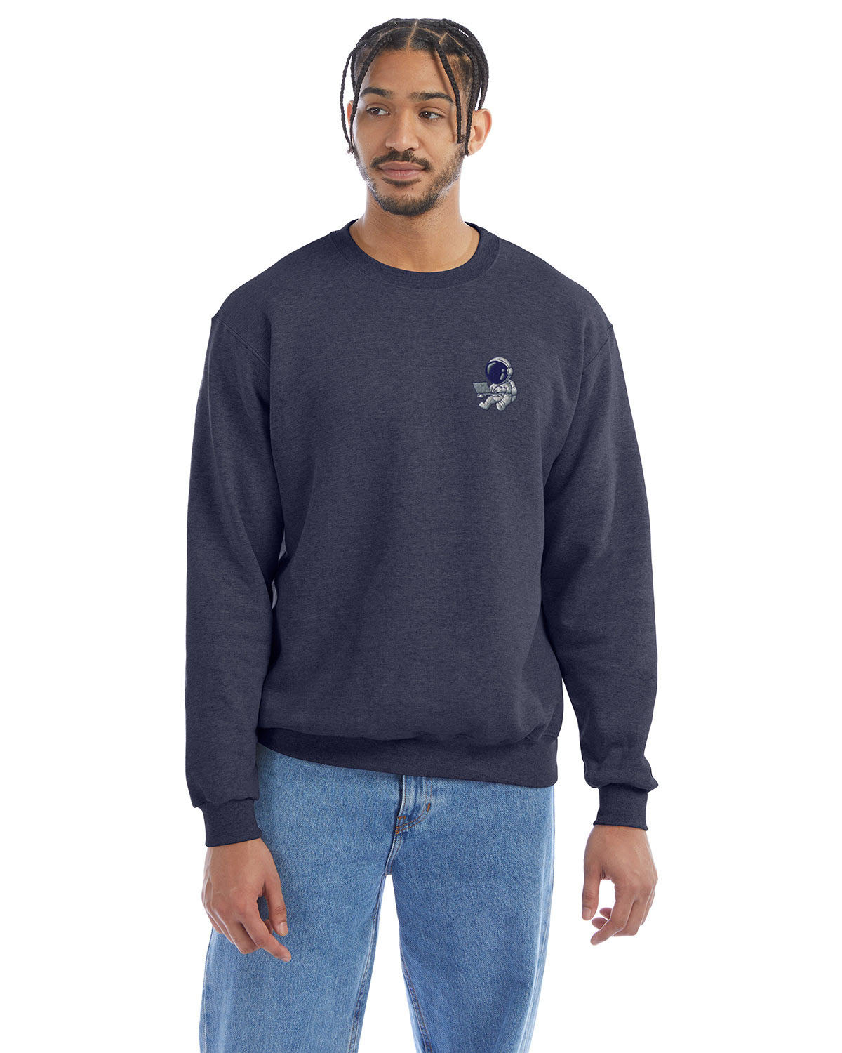 Model wearing navy heather Champion crewneck sweatshirt with custom chest logo.