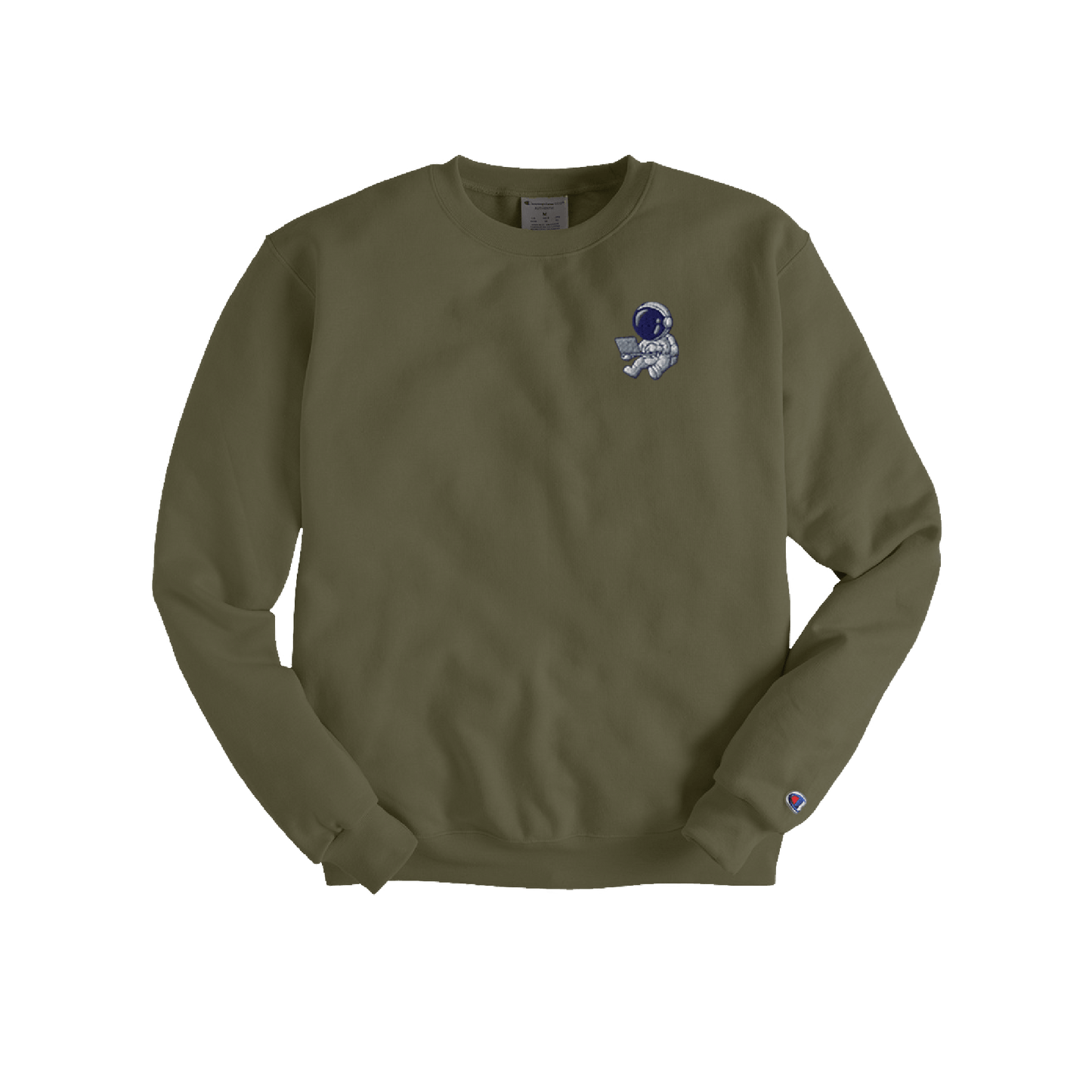 Olive green crewneck sweatshirt with small embroidered astronaut logo on chest.