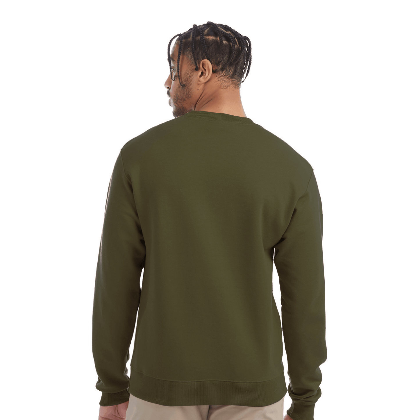 Back view of model wearing olive green Champion crewneck sweatshirt.