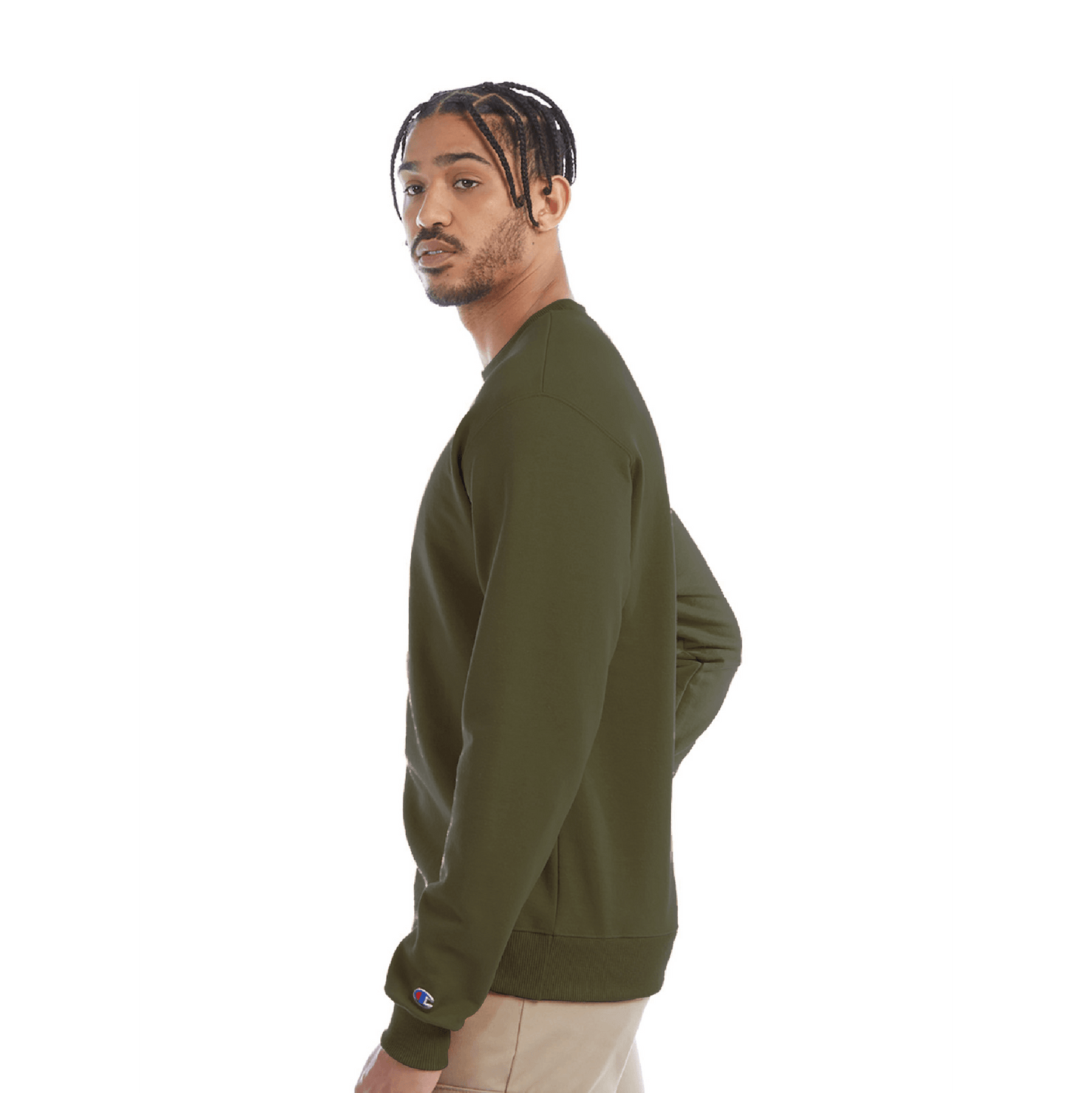 Side view of model wearing olive green Champion crewneck sweatshirt.