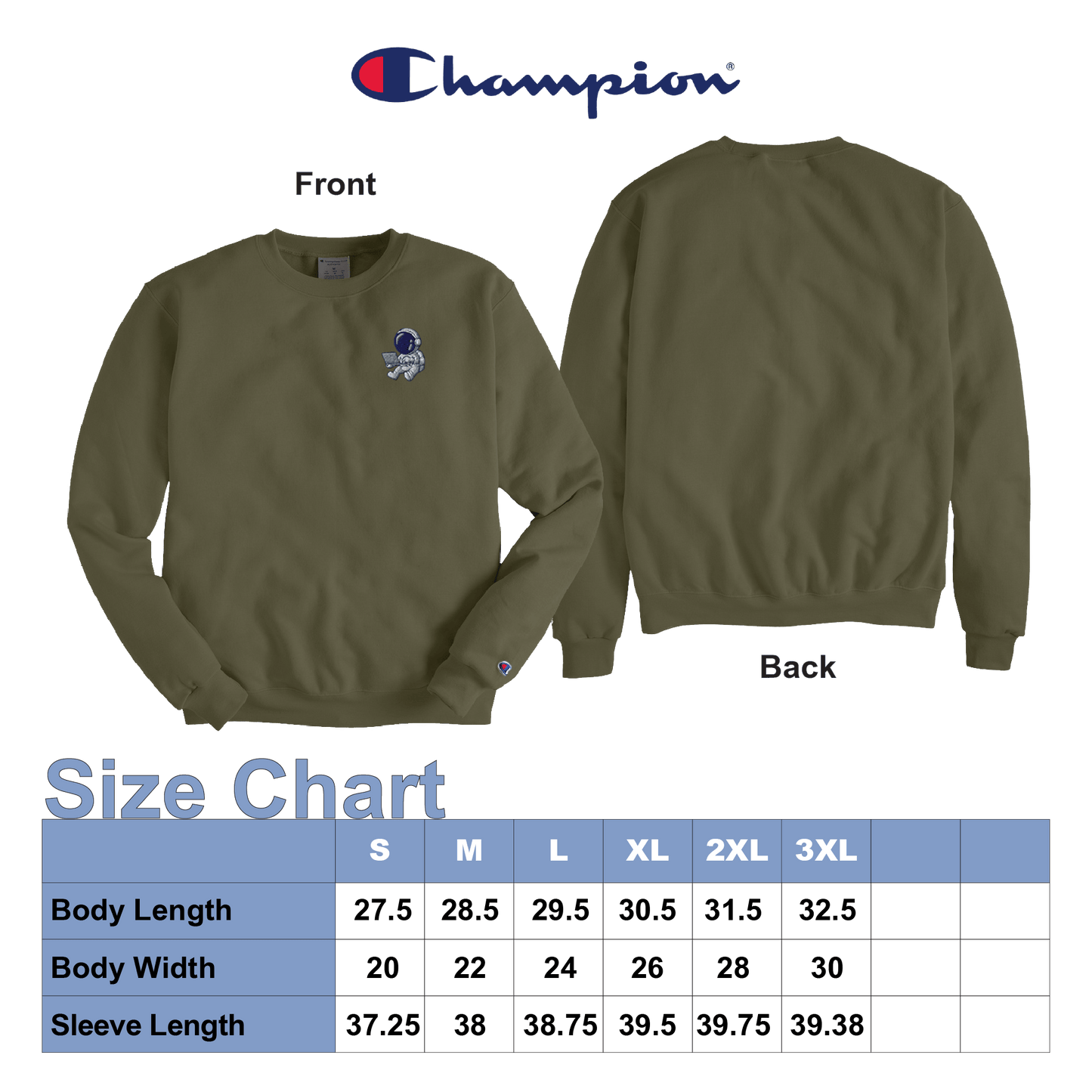 Size chart for olive green Champion crewneck sweatshirt with front and back view.