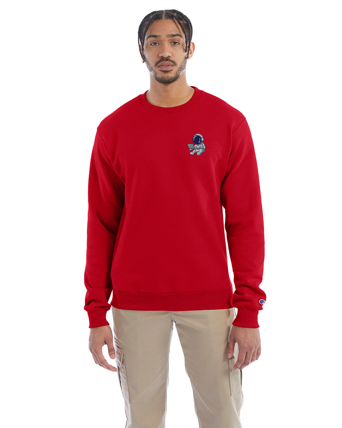 Model wearing scarlet Champion crewneck sweatshirt with custom chest logo.
