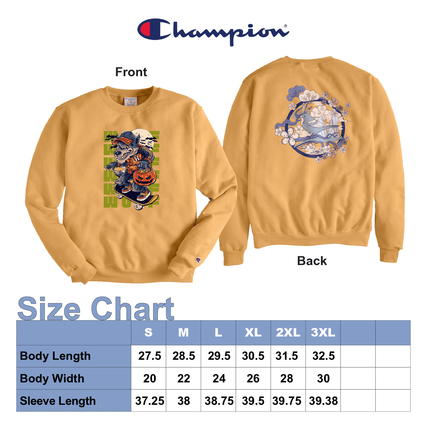 Golden yellow Champion crewneck sweatshirt shown in both front and back views.