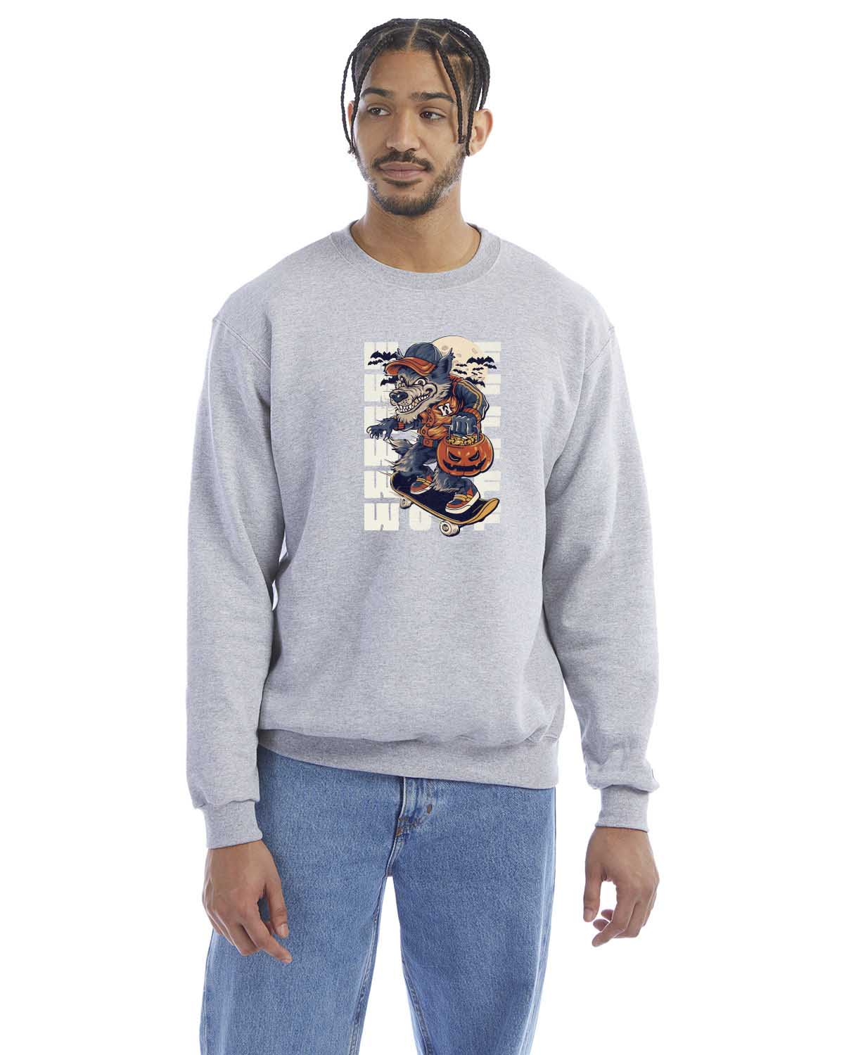 Light steel crewneck sweatshirt with a Halloween-themed graphic of a cartoon werewolf skateboarding with a pumpkin basket, worn by a model in beige pants.