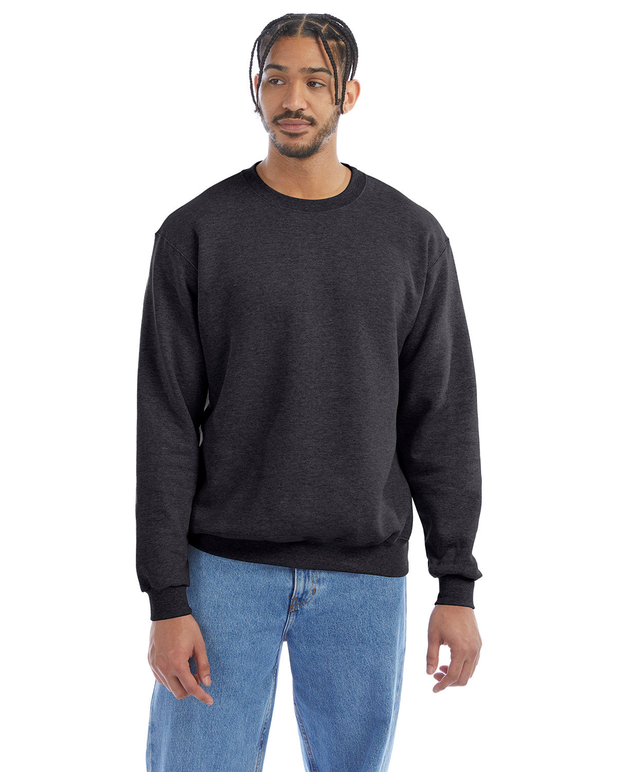Black crewneck sweatshirt modeled with light blue jeans, offering a simple and classic casual look.
