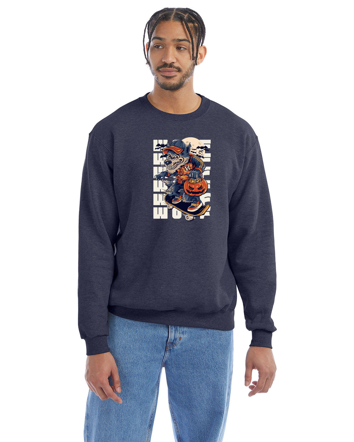 Navy heather crewneck sweatshirt with a Halloween-themed graphic of a cartoon werewolf skateboarding with a pumpkin basket, worn by a model in beige pants.