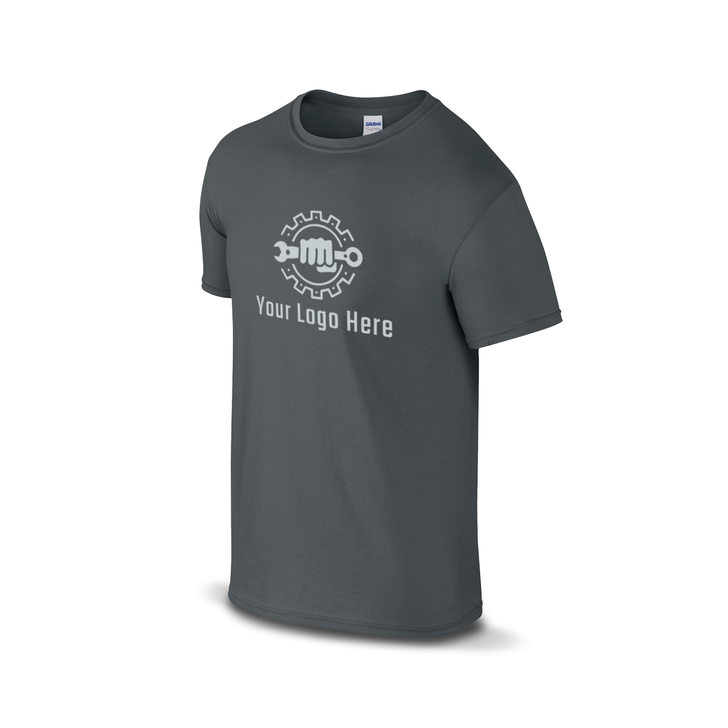 Charcoal short-sleeve t-shirt with a white and customizable tagline.
