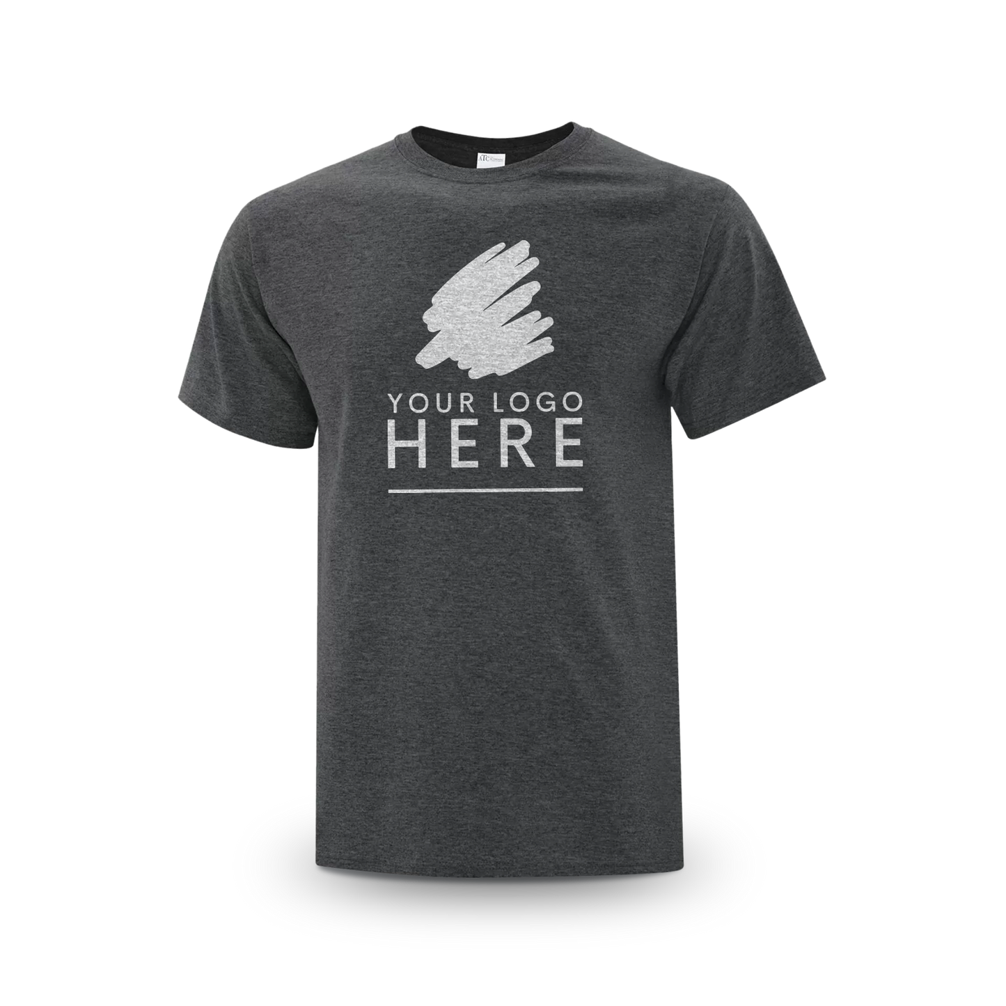 Dark heather unisex Everyday Cotton Tee with a logo placeholder.