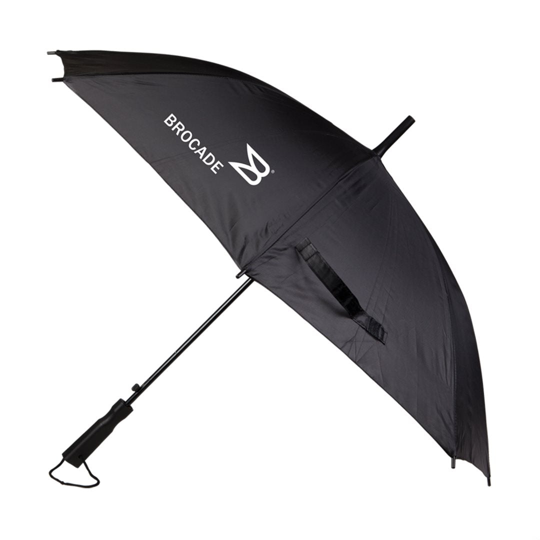 Black Cheerful Umbrella with custom logo, featuring a curved canopy, ergonomic handle, and matching black Velcro strap