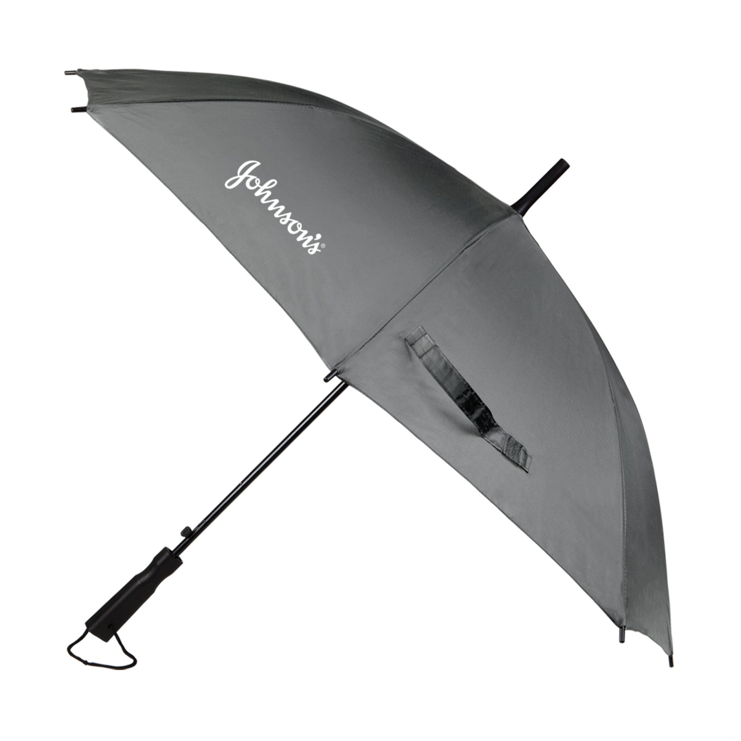 Grey Cheerful Umbrella with custom logo, featuring a curved canopy, black ergonomic handle, and matching Velcro strap.