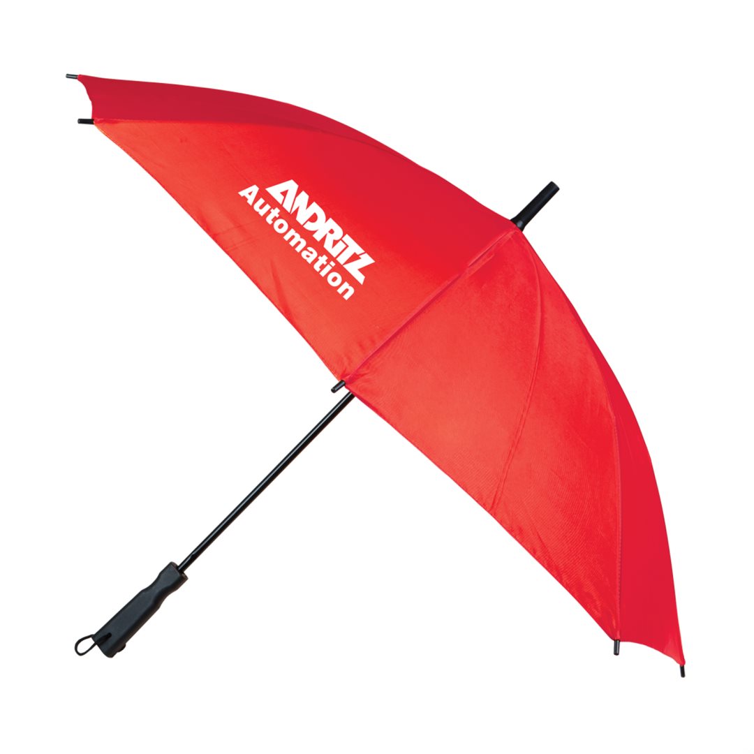 Red Cheerful Umbrella with custom logo, featuring a curved canopy, black ergonomic handle, and matching red Velcro strap.