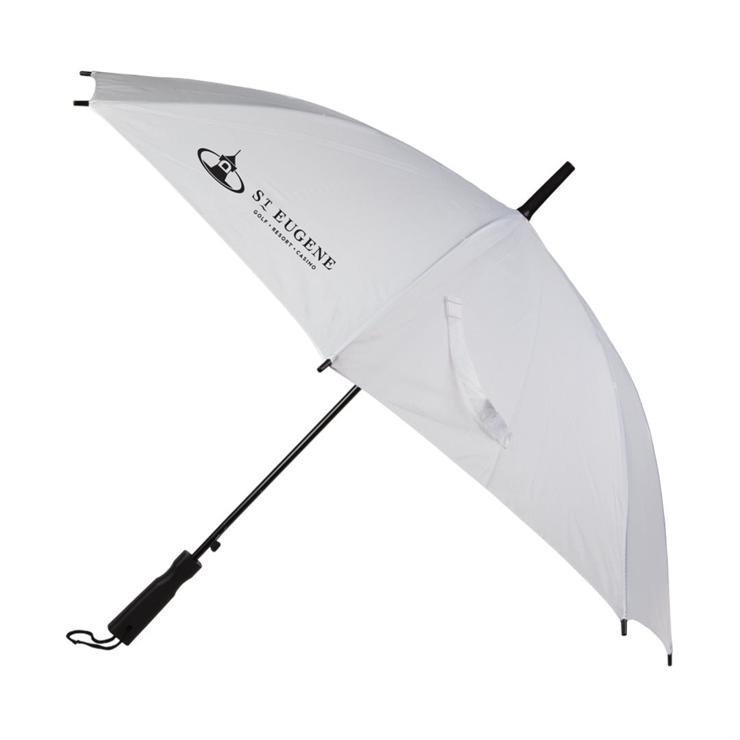 White Cheerful Umbrella with custom logo, featuring a curved canopy, black ergonomic handle, and matching white Velcro strap.