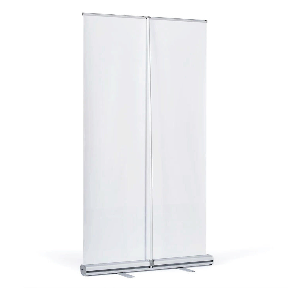 Back view of 47x81 inch pull-up banner with double support feet and silver base