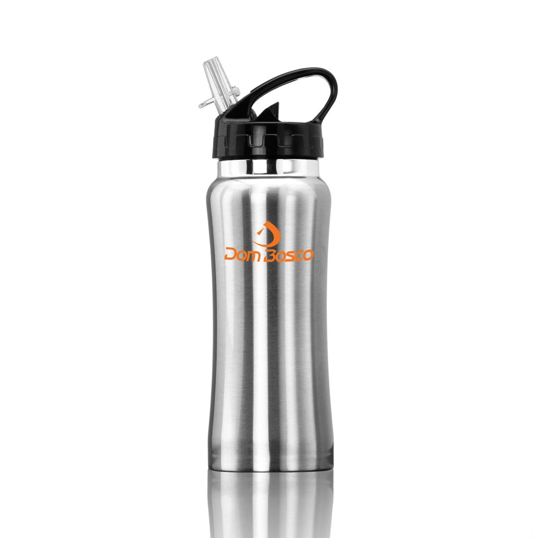 Silver stainless steel sports water bottle with a black lid and clear spout, featuring an orange logo on the front