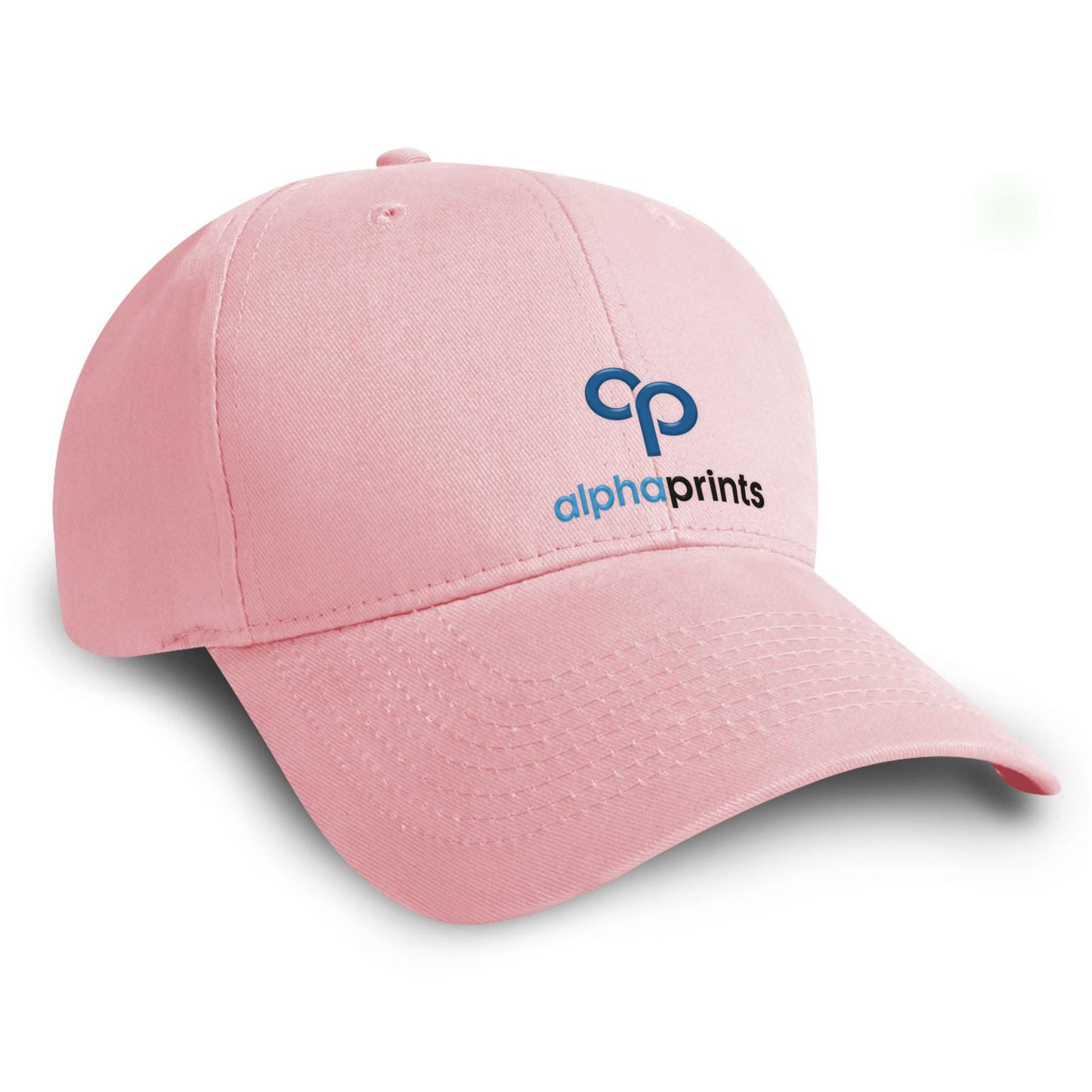 Pink brushed cotton twill cap with curved brim, featuring the Alpha Prints logo embroidered in blue and black on the front panel.