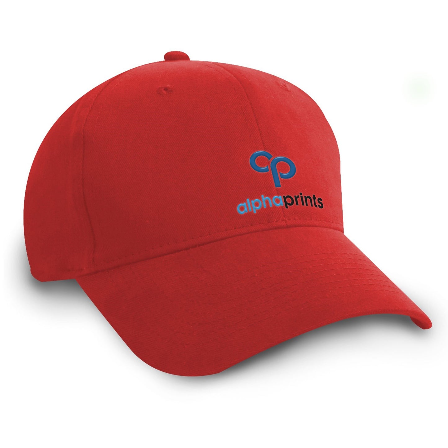 Red brushed cotton twill cap with curved brim, featuring the Alpha Prints logo embroidered in blue and black on the front panel.