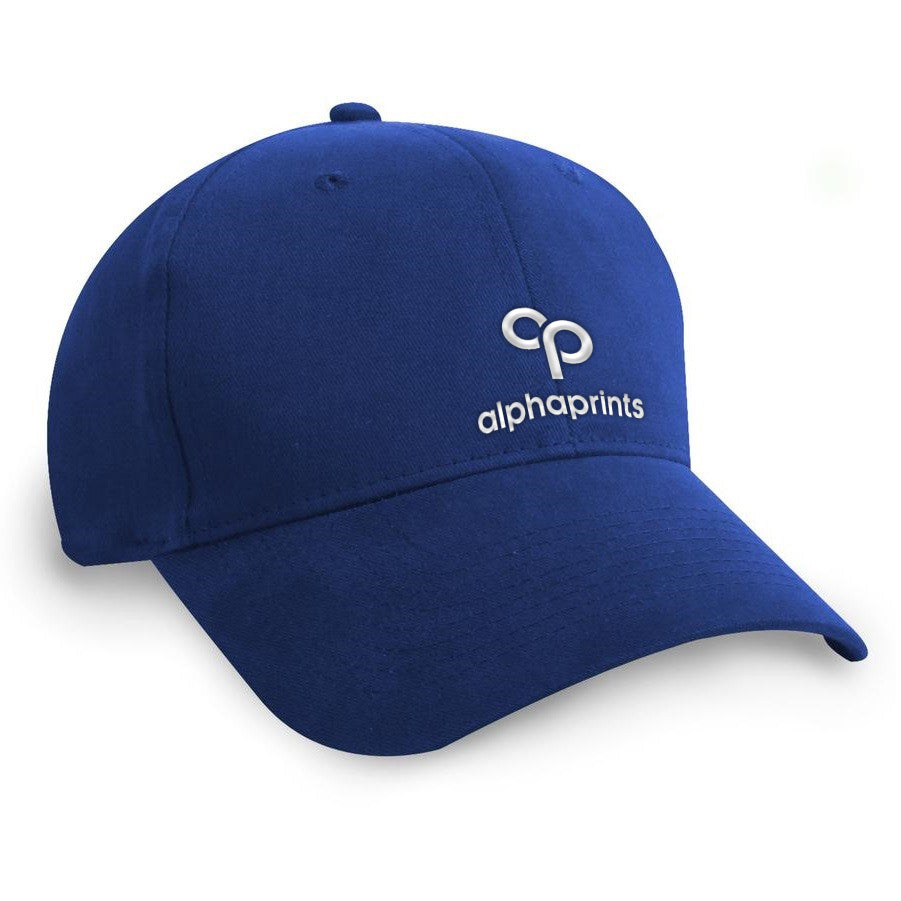 Royal blue brushed cotton twill cap with curved brim, featuring a white embroidered Alpha Prints logo on the front panel.