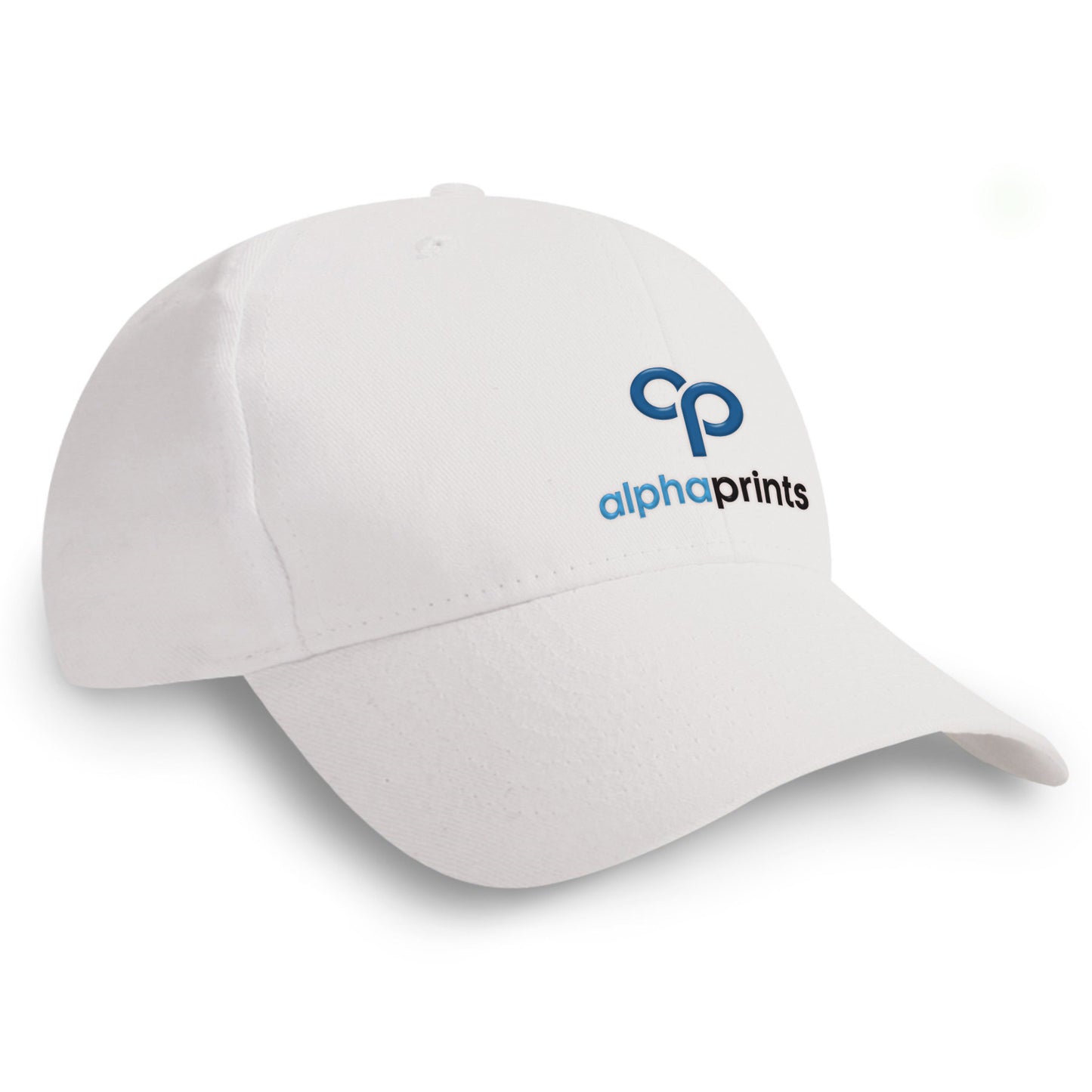 White brushed cotton twill cap with curved brim, featuring the Alpha Prints logo embroidered in blue and black on the front panel.