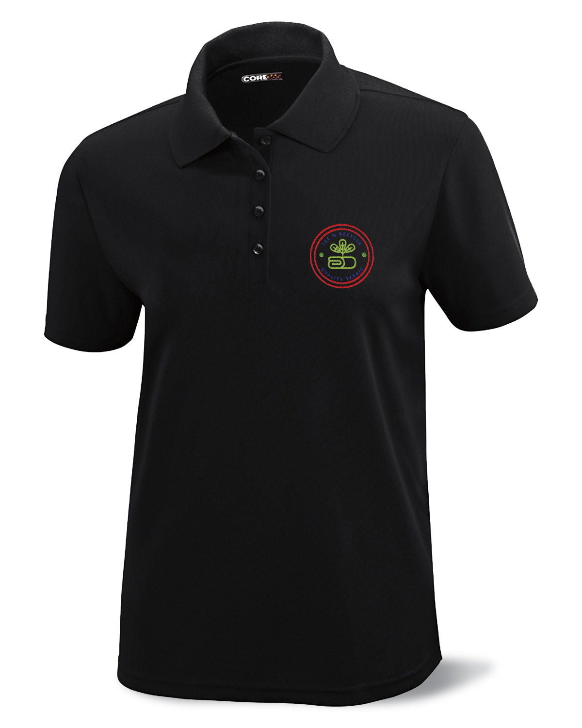 Core365 Ladies' Origin Performance Piqué Polo in black featuring a custom embroidered chest logo.