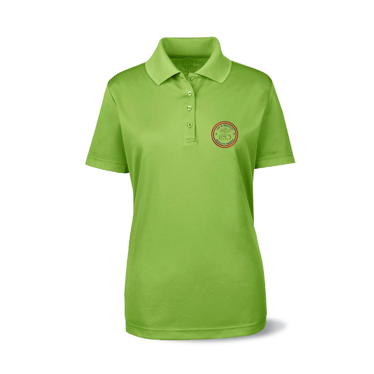 Light green Core365 Ladies' Origin Performance Piqué Polo shirt with four-button placket and embroidered round logo on the left chest.