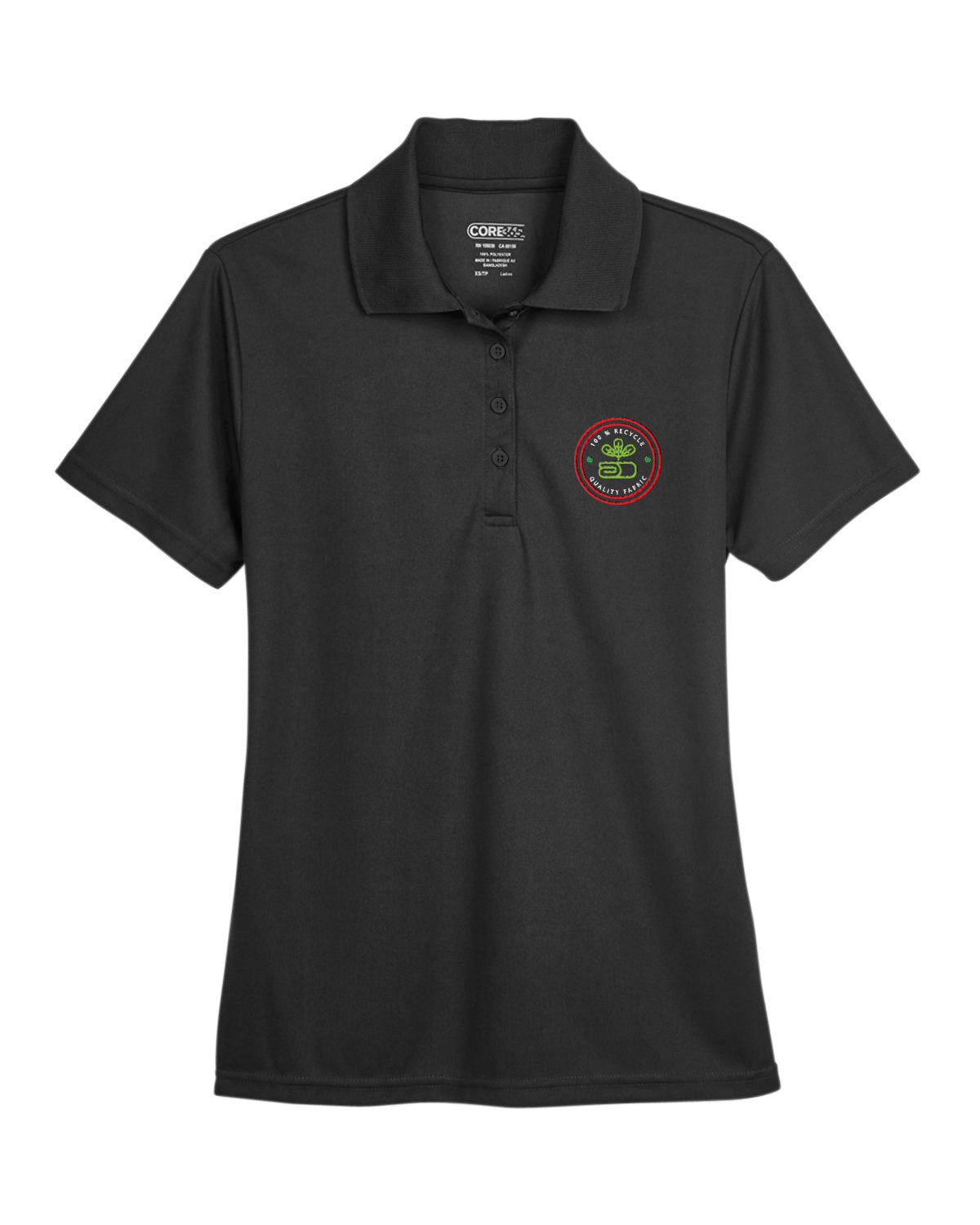 Black Core365 Ladies' Origin Performance Piqué Polo with custom embroidered logo on left chest.