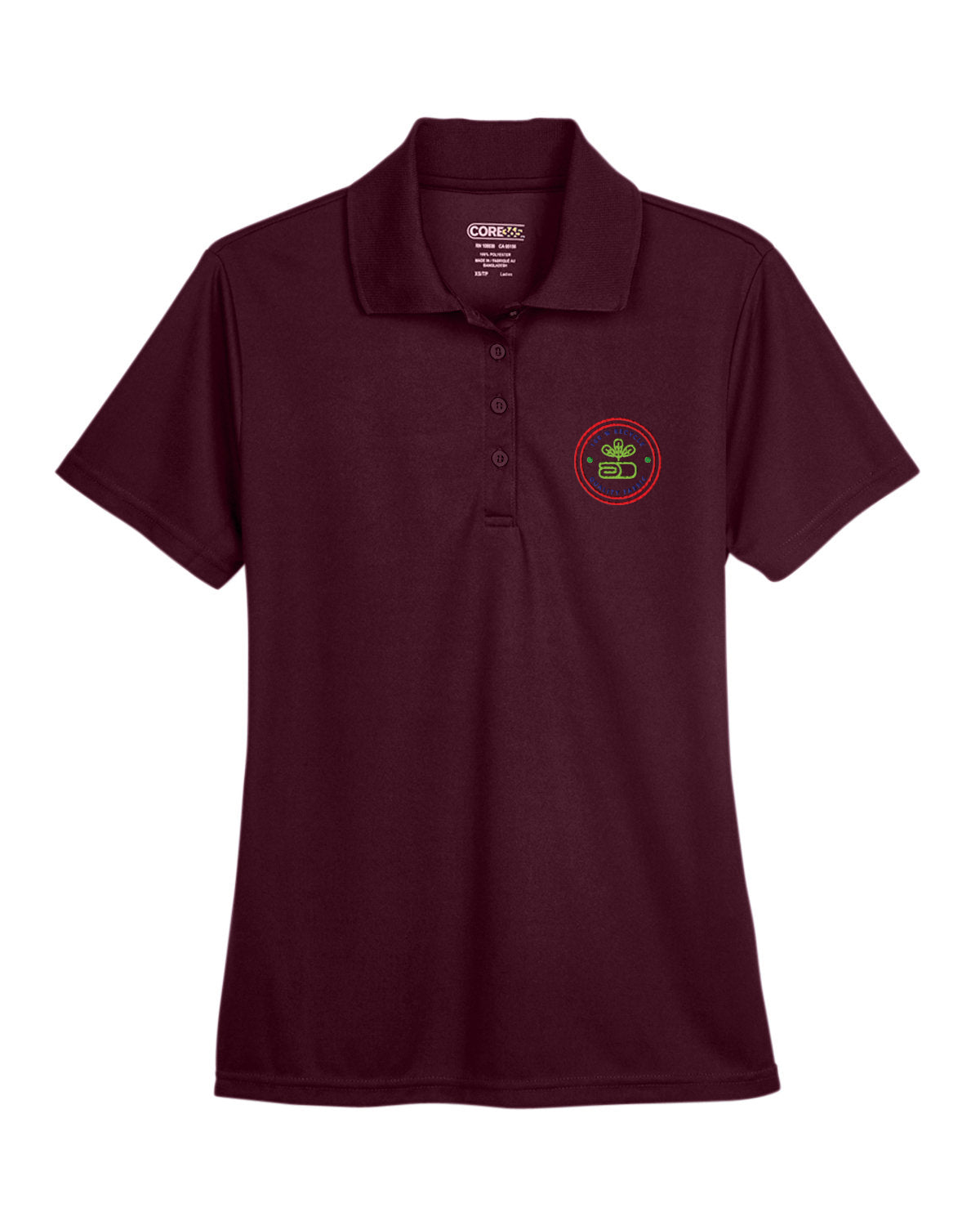 Burgundy Core365 Ladies' Origin Performance Piqué Polo with custom embroidered logo on the left chest.