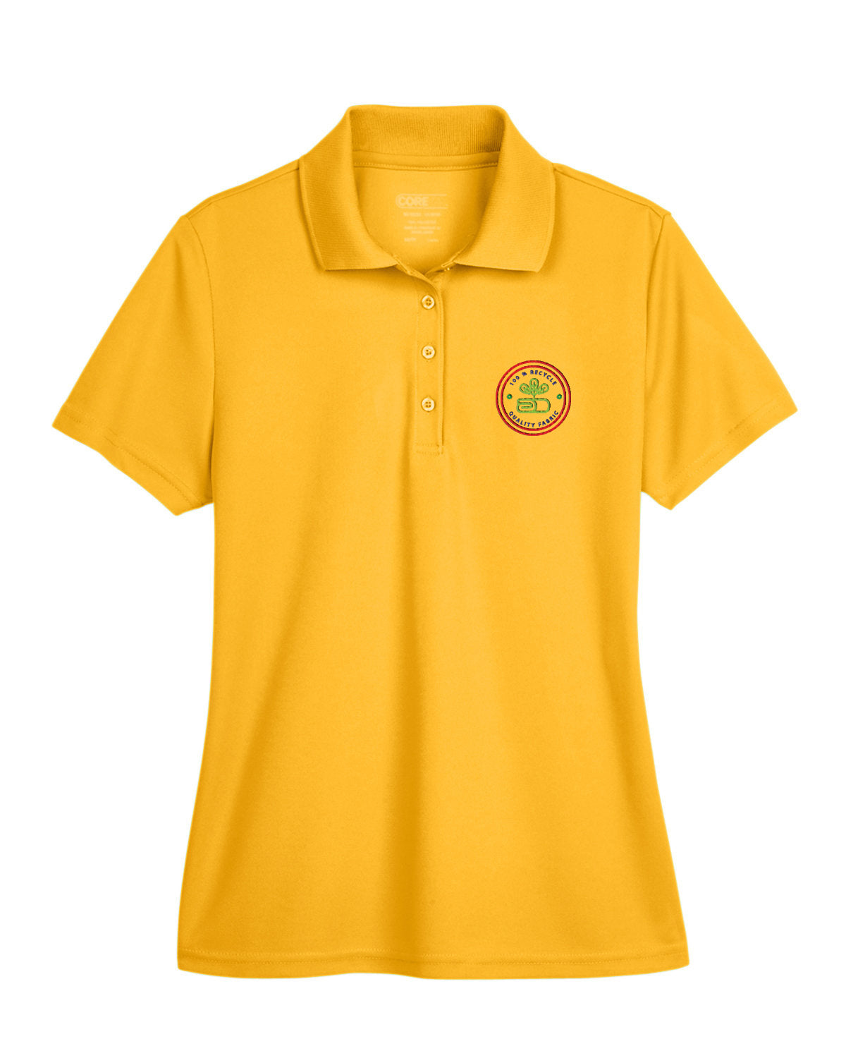Campus Gold Core365 Ladies' Origin Performance Piqué Polo with custom embroidered logo on the chest.